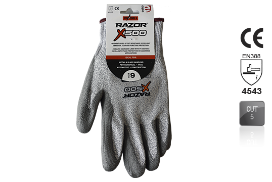 RAZOR X500 PU coated Cut Resistant Level 5 HPPE Fibre Liner HEader Card, Size 8 - Esko