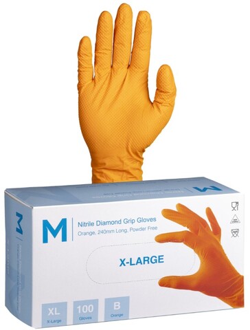 Nitrile Diamond Grip Gloves Powder Free - Orange, XL, 240mm Cuff, 9.0g - Matthews