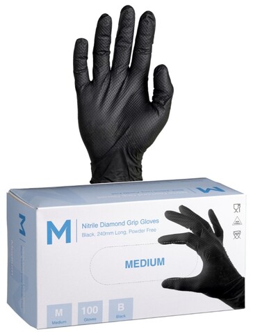 Nitrile Diamond Grip Gloves Powder Free - Black, M, 240mm Cuff, 9.0g - Matthews