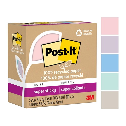 Post-it 100 Rec Super Sticky Notes 654R-5SSNRP 76x76mm Wanderlust, Pack of 5