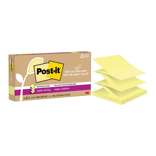 Post-it 100 Rec Super Sticky Pop Up Notes R330R-6SSCY 76x76mm Yellow, Pack of 6