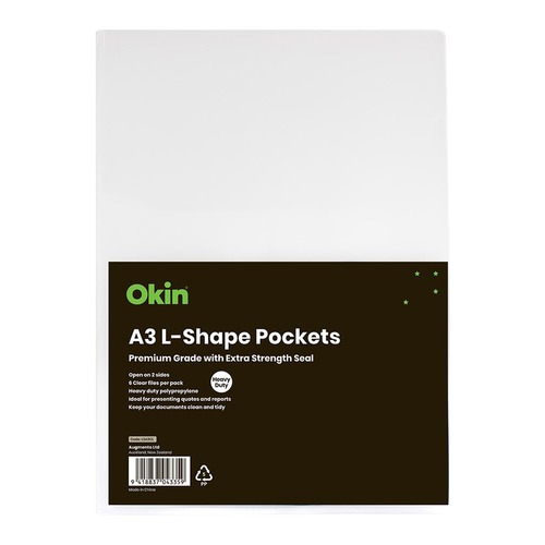 Okin L Shaped Pockets Heavy Duty A3 Clear, Pack of 6