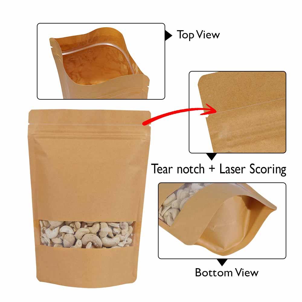 Stand Up Pouch Kraft Rectangle Window with Zip no Valve 500gm, Carton 500 - SSP